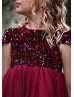 Cap Sleeves Ruby Red Sequin Tulle Curly Hem Flower Girl Dress